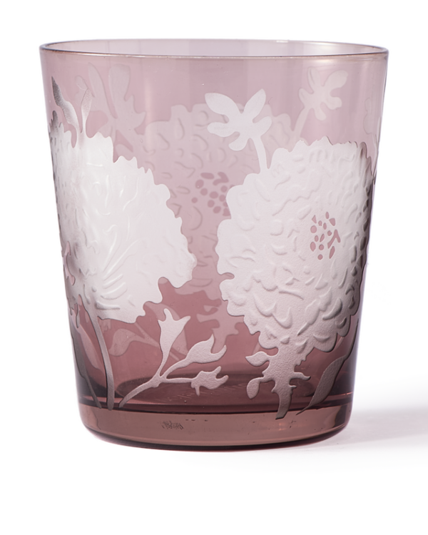 Bicchiere in vetro con decoro peonia