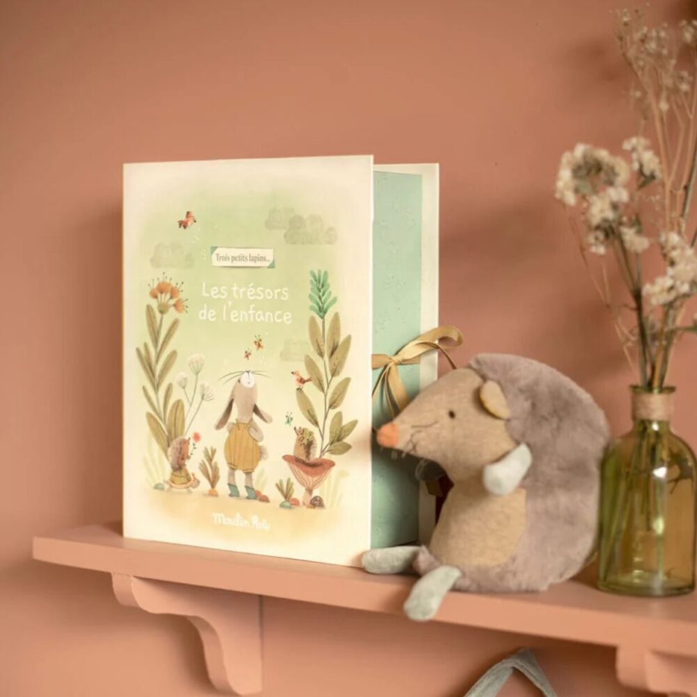 Scatola illustrata per conservare i ricordi d'infanzia con scritta 'Les trésors de l’enfance' accanto a un peluche riccio su mensola rosa